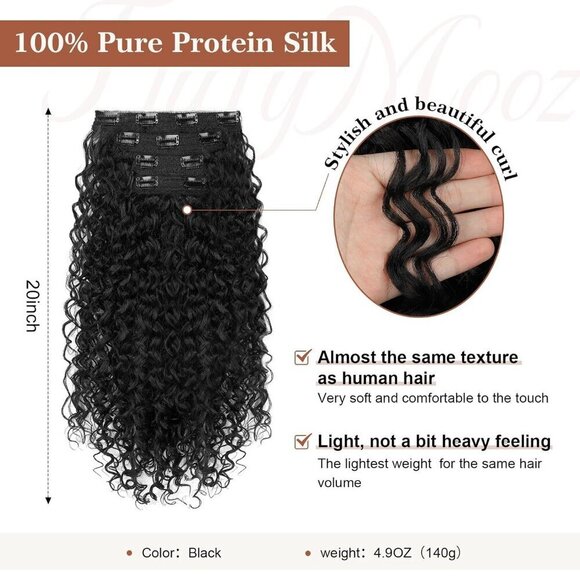 Clip In Hair Extensions Silk Hair 20 Inch Curly Natural Soft Women Black main image 5